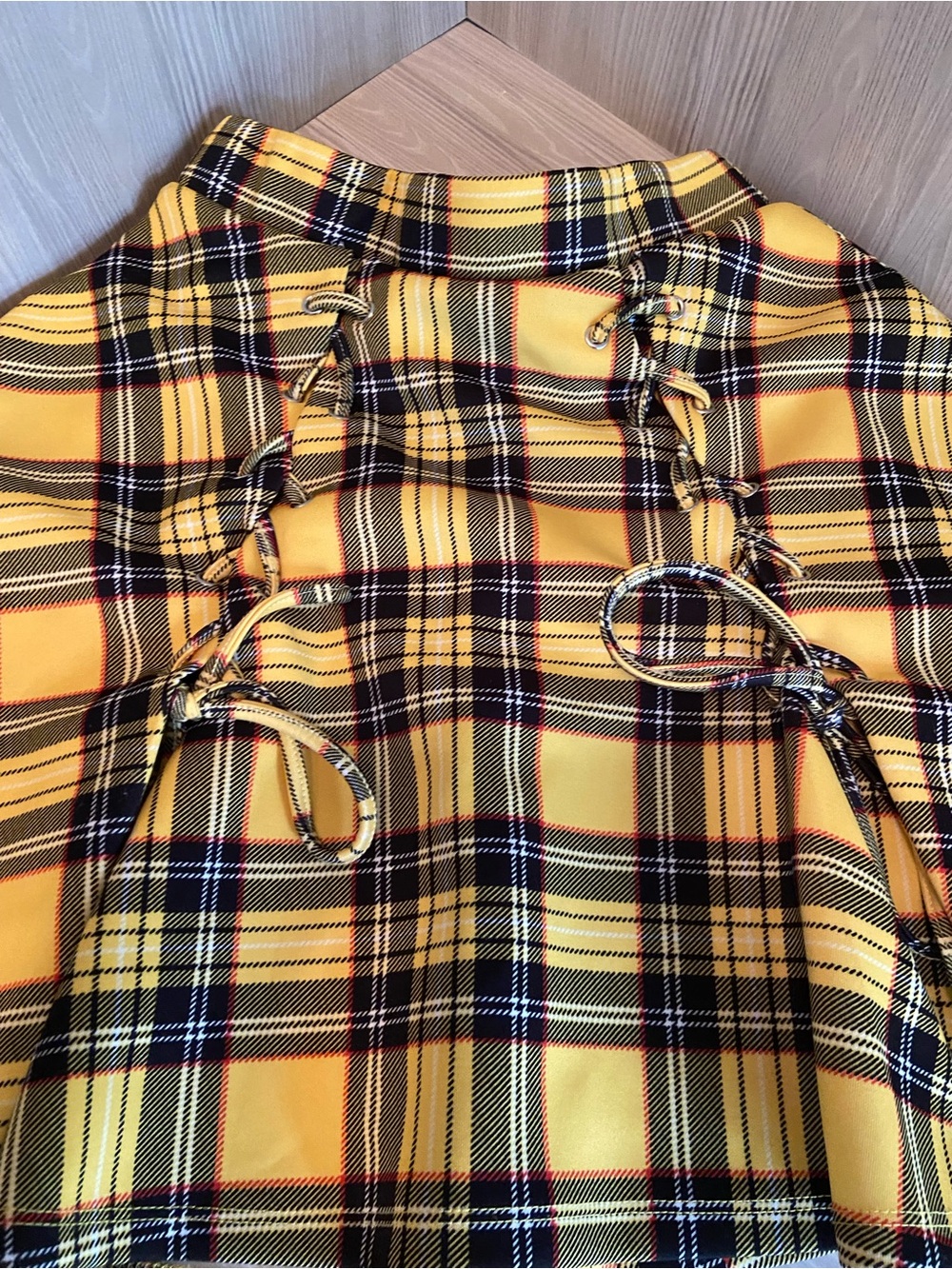 Hot Topic Yellow and Black Plaid Midi Skirt with Lace-Up Sides - Picture 2 of 5
